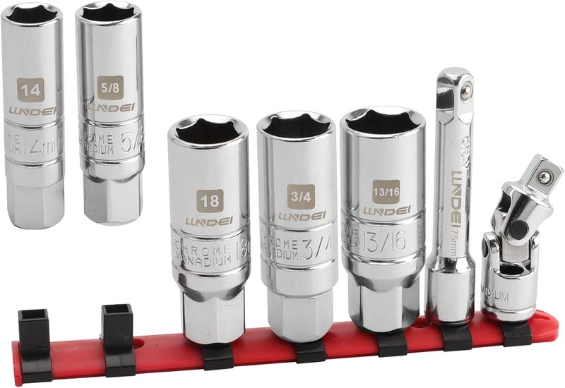 LLNDEI 3/8-Inch Drive Spark Plug Socket Set 7PCS, SAE & Metric, 5/8-inch, 3/4-inch, 13/16-inch, 14mm, 18mm, CR-V Steel Mirror Finish Sockets with Rubber Retaining Rings, Universal Joint, Extension Bar - Image 1